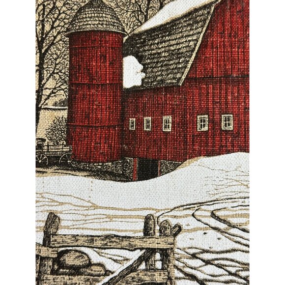 KayDee Red Barn Winter Scene Linen Print Wood Framed Wall Hanging Art 16"x16" - Picture 3 of 9